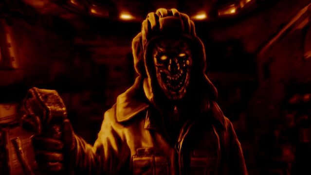 Zombie tankman with joystick in his hand. Animation in horror genre. Scary character skull face. Dead commander inside tank. Animated HD video clip.  Halloween nightmares. Orange and black background.