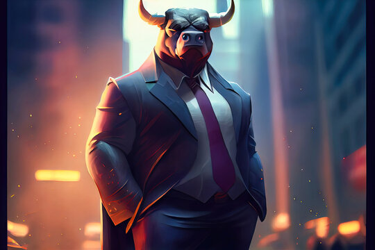 Computer-generated image of a Wall Street Bull in a suit. Wall Street day traders watch the markets, and this represents investors buying stocks, commodities, and more. Generative AI