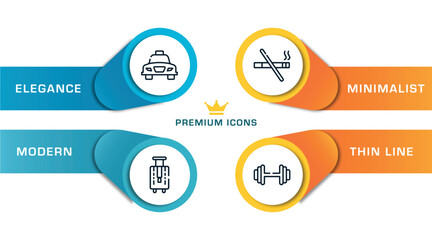 holidays outline icons with infographic template. thin line icons such as taxi transportation, bag for travel, smoking prohibition, gym dumbbell vector.