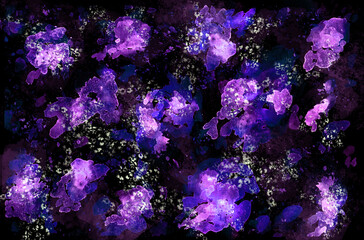 Naklejka na ściany i meble Watercolor purple layered spots and light dots on a black background. Watercolor abstract texture. Illustration.