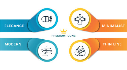 transportation outline icons with infographic template. thin line icons such as fog lamp, turbulence, military airplane bottom view, ship propeller vector.