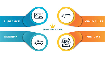 car repair outline icons with infographic template. thin line icons such as driving pass, pickup car, airplane, flat tire vector.