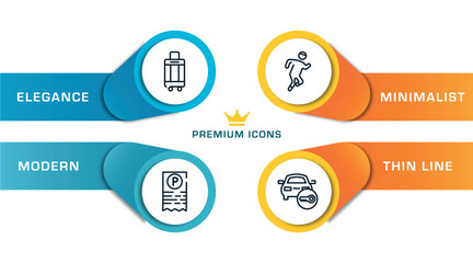 parking outline icons with infographic template. thin line icons such as hand luggage, parking ticket, running, locked car vector.