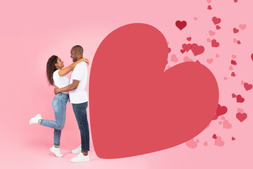 Obraz na płótnie Canvas I love you. Black couple hugging over pink studio background with red flying hearts and big card heart with mockup