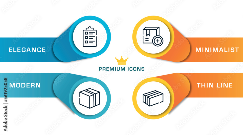 Poster boxes outline icons with infographic template. thin line icons such as packing list, closed cardboar