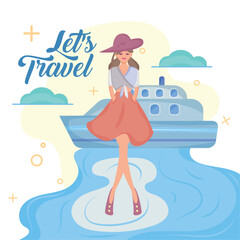 Cute girl character and cruise Pastry colored travel poster Vector