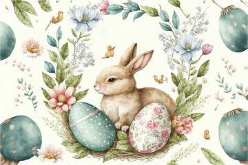  a watercolor painting of a bunny and eggs with flowers and butterflies around it, with the words elastirr written in english on the side of the picture and a floral border. Generative AI 