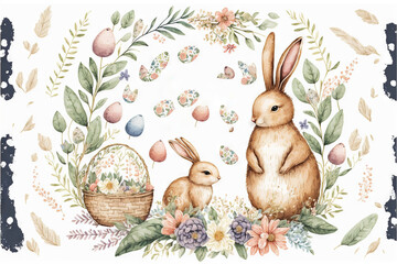  a watercolor painting of two rabbits and a basket with eggs in it and the words, happy easter written in gold lettering on a white background with floral border and leaves and eggs in. Generative AI - obrazy, fototapety, plakaty