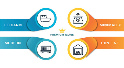 logistics outline icons with infographic template. thin line icons such as sea ship, cargo train, kilogram, distribution center vector.