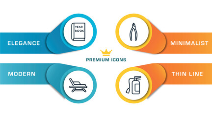 general outline icons with infographic template. thin line icons such as yearbook, deckchair, nippers, fire estinguisher vector.