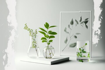  three vases with plants in them on a table next to a picture frame and a glass of water on a table top with a white background with a white spot of paint chipping. Generative AI 