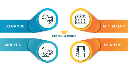 marketing and seo outline icons with infographic template. thin line icons such as data cloud, seo report, calendar event, big portfolio vector.