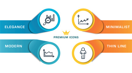 business pack outline icons with infographic template. thin line icons such as search stats, area chart, line graph, person shape vector.