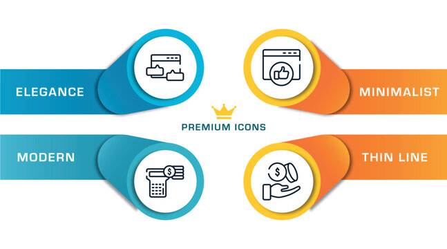 business and finance outline icons with infographic template. thin line icons such as blog commenting, account balance, favorite web, dollar coins and hand vector.