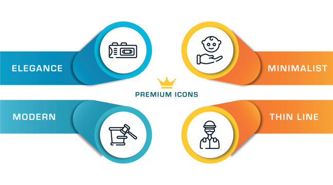 Law And Justice Outline Icons With Infographic Template. Thin Line Icons Such As Recorder, Court Trial, Child Custody, Vector.