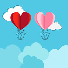Fototapeta na wymiar Valentine's day card with red and pink balloons in the blue sky