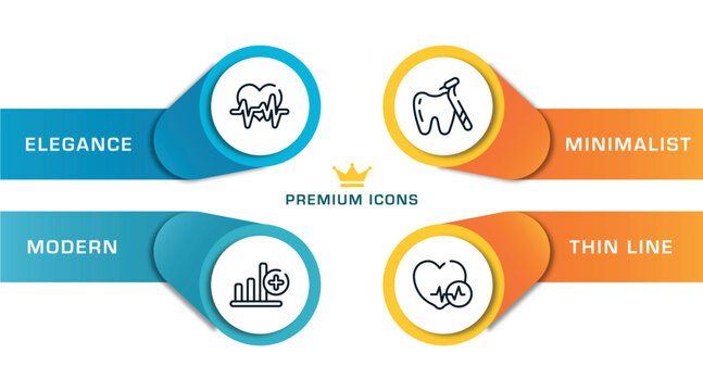 medical icons outline icons with infographic template. thin line icons such as heart frequency, bar graph with a cross, tooth with a dentist tool, heart black shape vector.