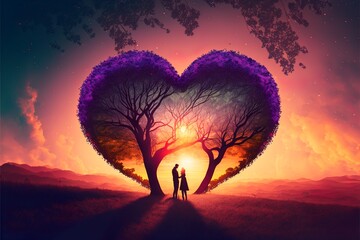 Happy couple romatically holding hands between two trees with heart shaped tree with a purple canopy, at dawn 