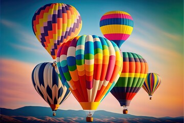 Fototapeta premium a group of hot air balloons flying in the sky over a mountain range at sunset or dawn with a colorful sky and clouds behind them, with a few clouds, and a few,. Generative AI 