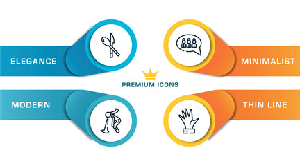 outline icons with infographic template. thin line icons such as cutlery, vomit, group, hand vector.