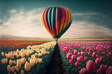  a hot air balloon flying over a field of flowers with a sky background and clouds above it, with a path leading to the balloon in the middle of the photo, with a large. Generative AI 