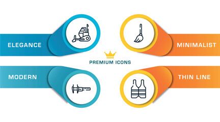 construction elements outline icons with infographic template. thin line icons such as bulldozing, calipers, mop, reflective vest vector.