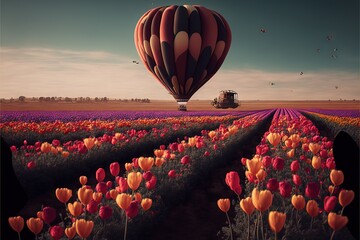 a large balloon flying over a field of flowers with a tractor in the background and a tractor in the foreground with a tractor in the middle of the photo and a field with a. Generative AI 