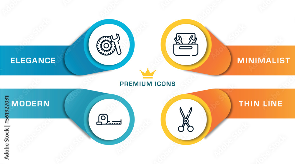 Poster tool box outline icons with infographic template. thin line icons such as tyre, open scale, nuts and