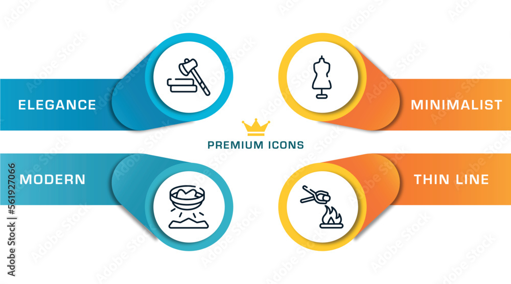 Poster mining and crafting outline icons with infographic template. thin line icons such as lumberjack, pan