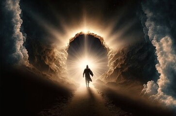 Jesus Christ is walking on the way back from heaven with light glow from behind  Generative Ai