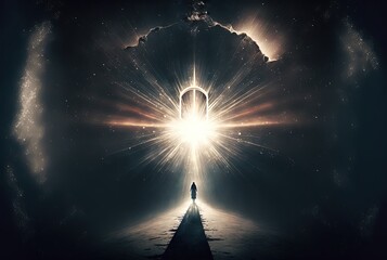 way path to heaven with light glow from the eternal horizon, concept of adventure to unknown place	
, big gate with a man in front of it, Generative AI