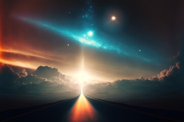 way path to heaven with light glow from the eternal horizon, concept of adventure to unknown place, Generative AI