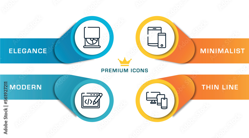 Poster responsive web outline icons with infographic template. thin line icons such as cd drive, editing co