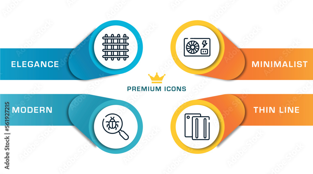 Poster devices outline icons with infographic template. thin line icons such as big grid, bugs search, psu,
