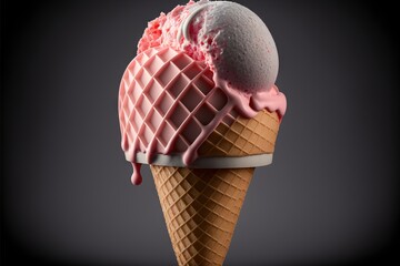  a pink ice cream cone with a scoop of ice cream on top of it, on a black background, with a shadow of the ice cream cone and the cone is half eaten,. Generative AI 