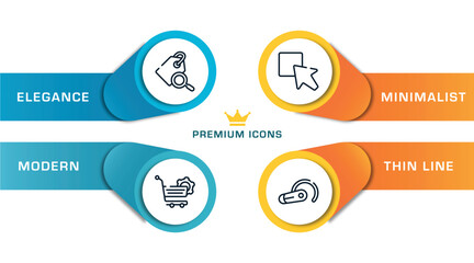 material devices outline icons with infographic template. thin line icons such as tag search filter, shopping cart tings, test box, head ear hook vector.