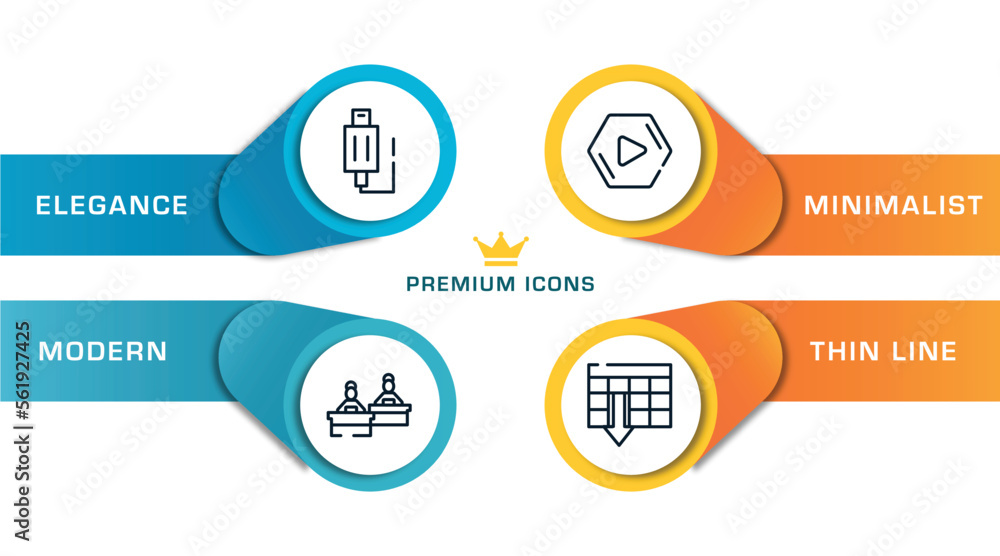 Poster computer and media outline icons with infographic template. thin line icons such as usb plug, comput
