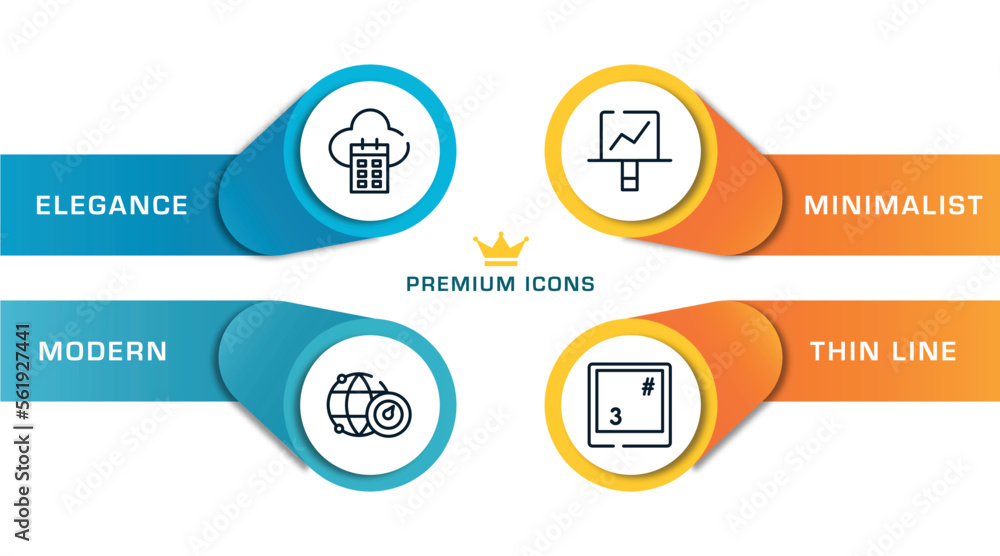 Poster computer and media outline icons with infographic template. thin line icons such as calendar on clou