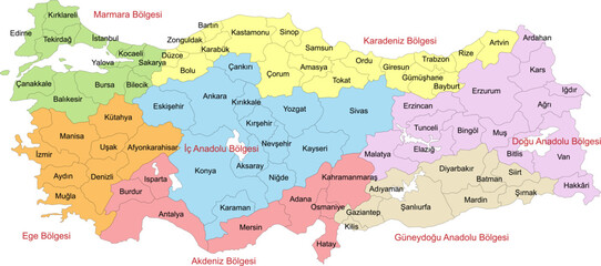 Carte de Turquie avec représentation des divisions territoriales administratives par régions et provinces - Libellés en turc - Textes vectorisés et non vectorisés sur calques séparés
