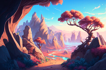 Fantasy landscape background illustration. A path into a canyon with strange mountain in the horizon. Background concept art for game design. - obrazy, fototapety, plakaty