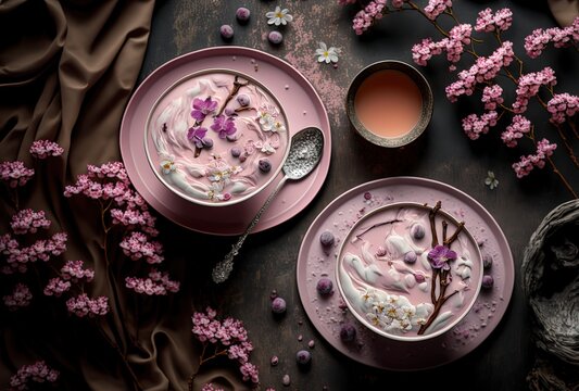  beautiful romance Cherry flower beverage serve in cup with cherry blossom branch, Spring season and national spring festival theme drink, idea for background or wallpaper, view from top Generative Ai