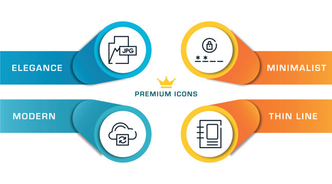 web design outline icons with infographic template. thin line icons such as jpg, cloud processing, passwords, binding vector.