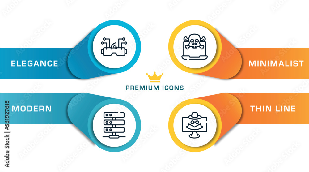 Poster web and hacker outline icons with infographic template. thin line icons such as vr goggles, hosting 