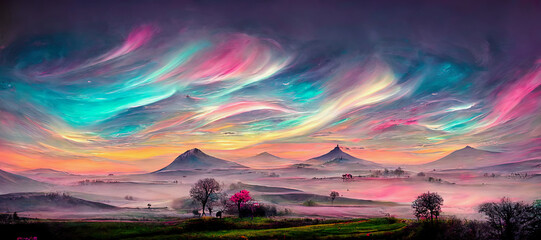 ai midjourney generated illustration of an abstract fantasy landscape with hills and a soft sunset sky
