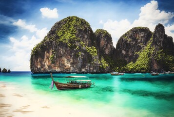 beautiful tropical island seascape illustration, sea sand beach with green natural tree, inspired from Ko Phi Phi , Thailand, idea for travel and tourism concept background wallpaper Generative Ai