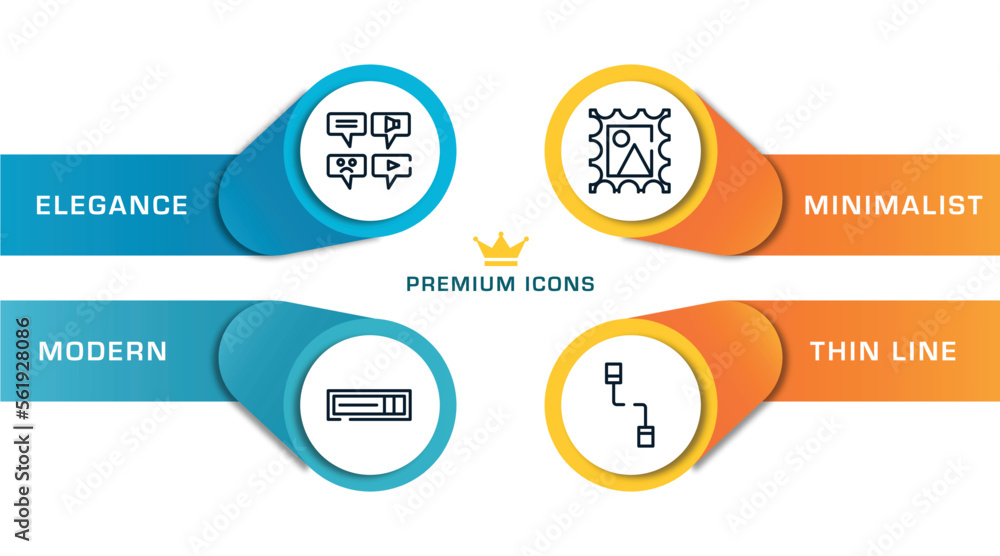 Aufkleber communition outline icons with infographic template. thin line icons such as message types, hdmi, po