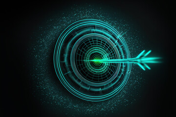 The concept of a target with a glowing hologram of the target and an arrow hitting the center, neon. AI