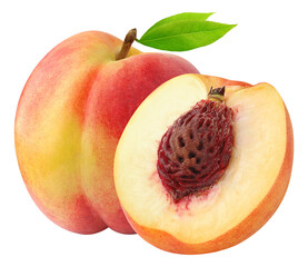 Nectarine peach fruit and a half with kernel, cut out