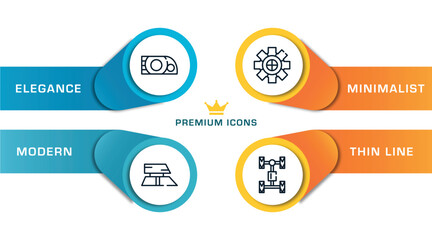 car parts outline icons with infographic template. thin line icons such as car headlight, car roof, sprocket, axle vector.