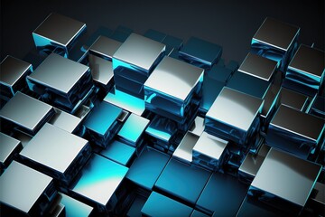Digital cubic abstract background of blue color, metal squares, reflection, digital space AI